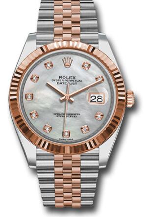 Replica Rolex Steel and Everose Rolesor Datejust 41 Watch 126331 Fluted Bezel Mother-Of-Pearl Diamond Dial Jubilee Bracelet